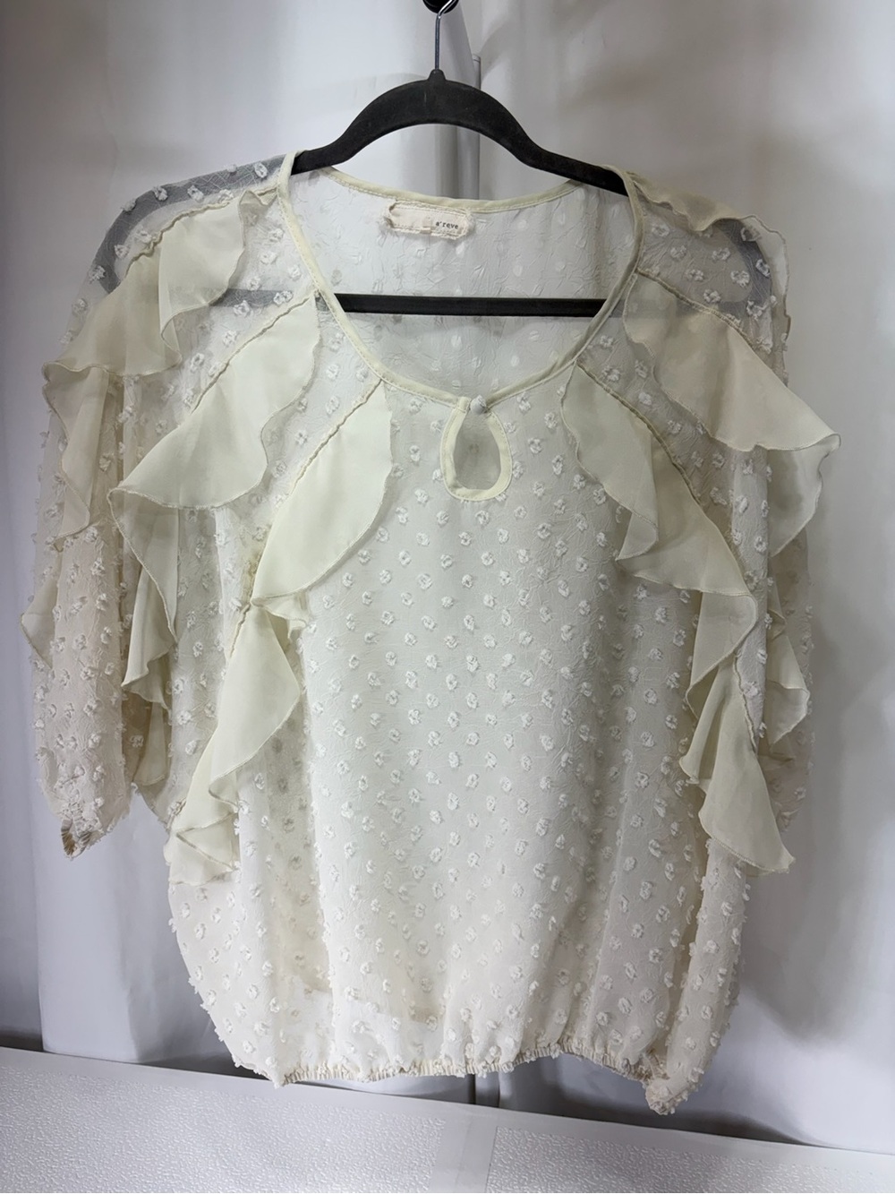 A'Reve Cream Ruffle Swiss Dot Blouse with Keyhole 3294 - Picture 1 of 11